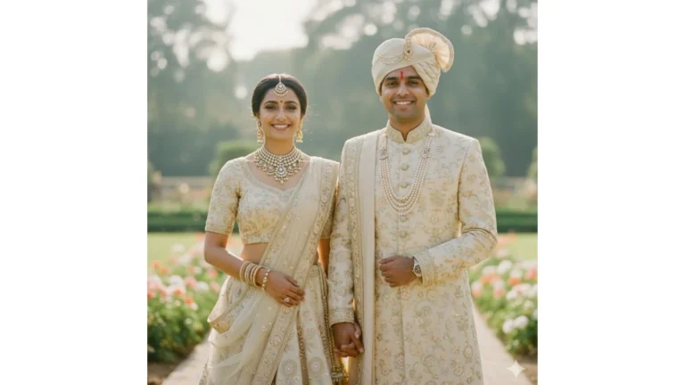 Vintage Retro-Style Indian Wedding Portrait of a Couple in Traditional Attire with Soft Pastels and Timeless Romantic Atmosphere