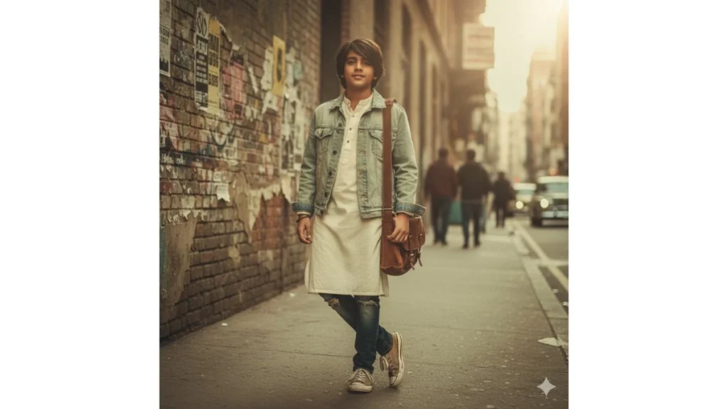 Retro-Style Vintage Portrait of a Kurta-and-Denim-Clad Man with Textured Backdrop, Sunlight Glint, and Cultural Film Grain Vibe