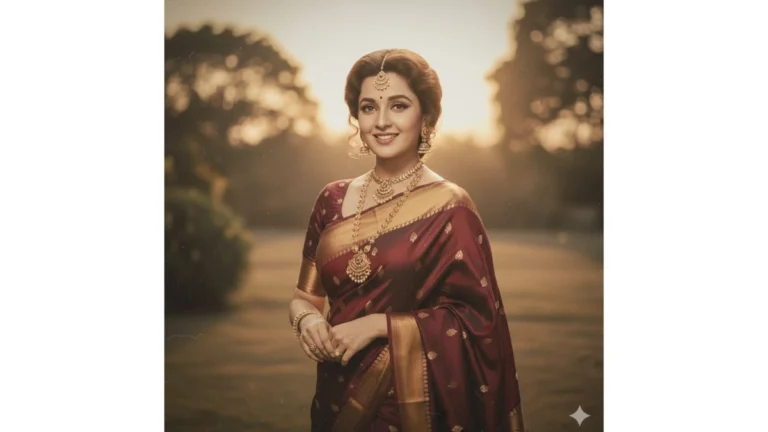 Retro-Style Vintage Portrait of a Woman in Silk Saree with Golden Hour Glow and 1950s Indian Film Star Aesthetic