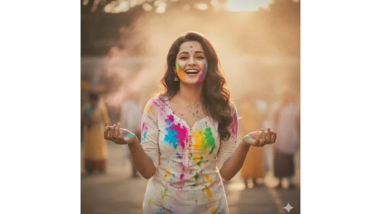 Vintage Holi Portrait of a Girl in White Kurti with Color Powder, Warm Lighting, and Joyful Retro Aesthetic