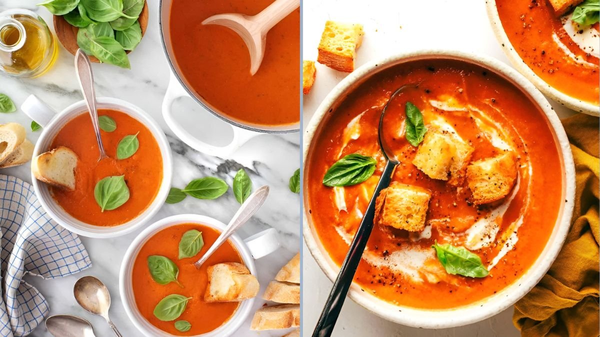 homemade tomato soup, fresh herbs soup, basil tomato soup, easy soup recipe, healthy vegetarian soup, creamy tomato soup, vegan soup option, comfort food dinner, meal prep friendly, winter soup recipes,